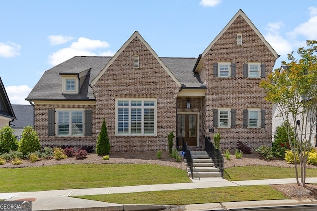2824 Cork St, Braselton, GA 30517 - view of front of home featuring brick siding, french doors, a front yard, and a shingled roof