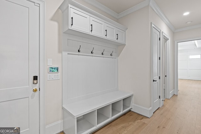 2824 Cork St, Braselton, GA 30517 - mudroom with crown molding, baseboards, light wood-type flooring, and recessed lighting