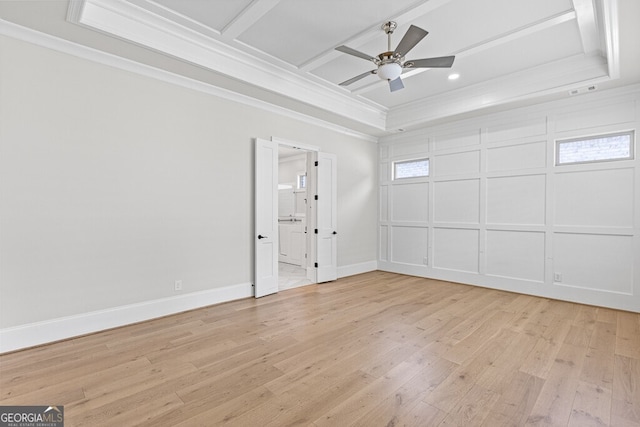 2824 Cork St, Braselton, GA 30517 - unfurnished bedroom with crown molding, light wood-type flooring, baseboards, recessed lighting, and coffered ceiling