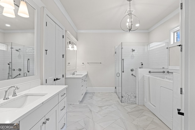 2824 Cork St, Braselton, GA 30517 - full bathroom with ornamental molding, a stall shower, two vanities, marble finish flooring, and washer / clothes dryer