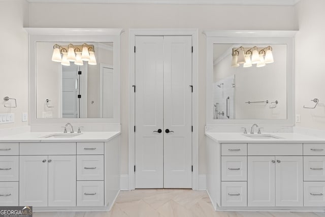 2824 Cork St, Braselton, GA 30517 - bathroom with two vanities, marble finish flooring, a shower, and a closet