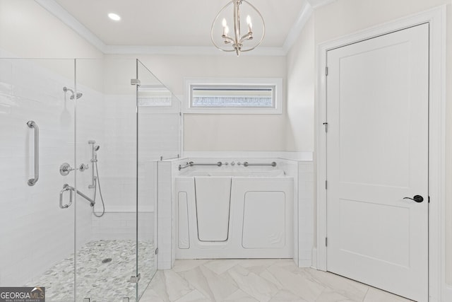 2824 Cork St, Braselton, GA 30517 - bathroom featuring ornamental molding, a bath, a stall shower, and a chandelier