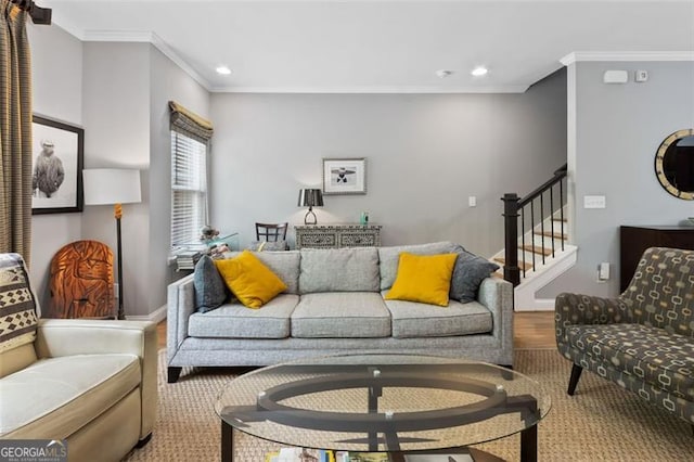 1365 Memorial Dr SE Unit # 12, Atlanta, GA 30317 - living room featuring ornamental molding, recessed lighting, stairway, wood finished floors, and baseboards