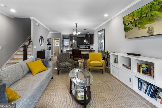 1365 Memorial Dr SE Unit # 12, Atlanta, GA 30317 - living area featuring crown molding, a chandelier, stairs, and recessed lighting