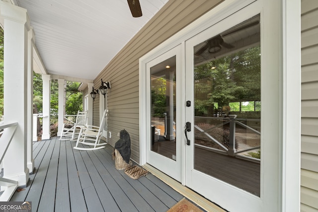 945 Sandy Run Dr, Sparta, GA 31087 - deck with covered porch, a ceiling fan, and french doors