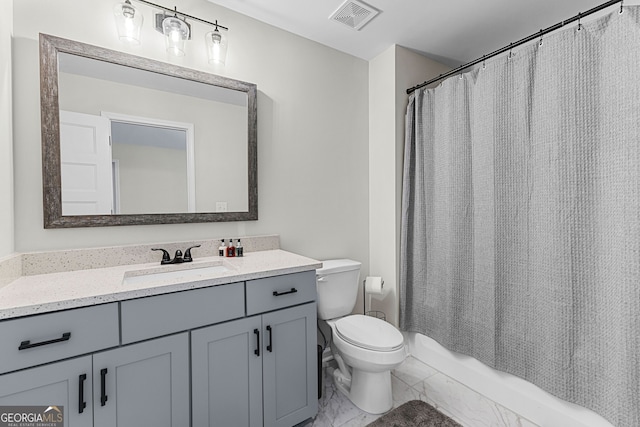 full bath featuring visible vents, marble finish floor, toilet, and vanity