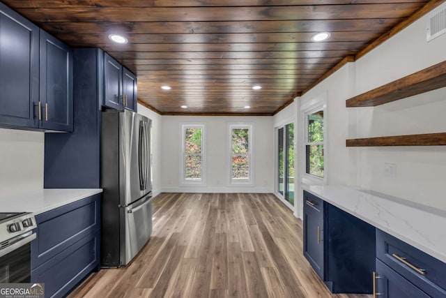 233 Bradshaw Rd, Hiawassee, GA 30546 - kitchen with stainless steel appliances, blue cabinetry, light wood-type flooring, wooden ceiling, and recessed lighting