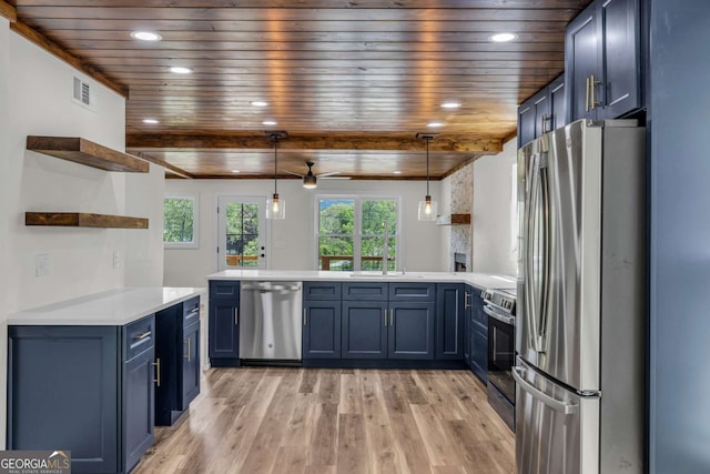 233 Bradshaw Rd, Hiawassee, GA 30546 - kitchen featuring stainless steel appliances, open shelves, blue cabinetry, wooden ceiling, and light wood-style flooring