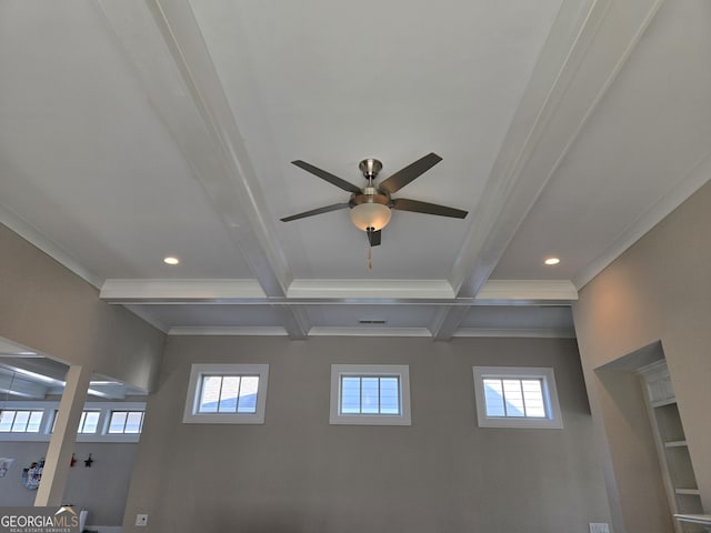 interior details with ornamental molding, beamed ceiling, a ceiling fan, and recessed lighting