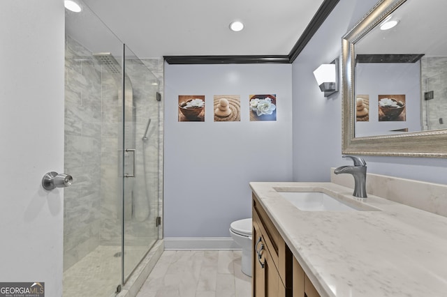 4608 Rosemear Ct, Norcross, GA 30093 - full bathroom with vanity, toilet, marble finish floor, recessed lighting, and a stall shower