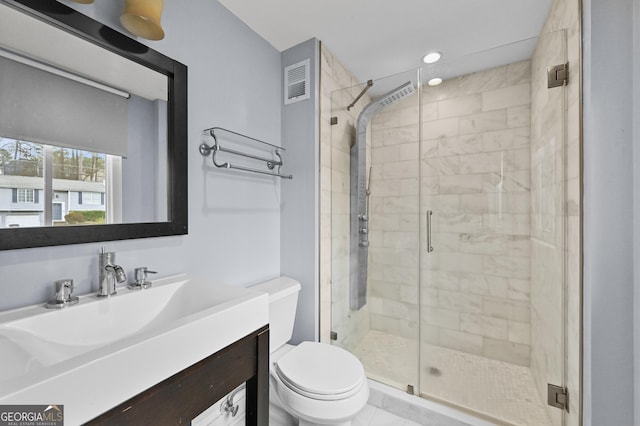4608 Rosemear Ct, Norcross, GA 30093 - full bathroom with visible vents, vanity, toilet, recessed lighting, and a shower stall