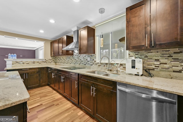4608 Rosemear Ct, Norcross, GA 30093 - kitchen featuring wall chimney range hood, black electric stovetop, a sink, light wood-type flooring, and stainless steel dishwasher