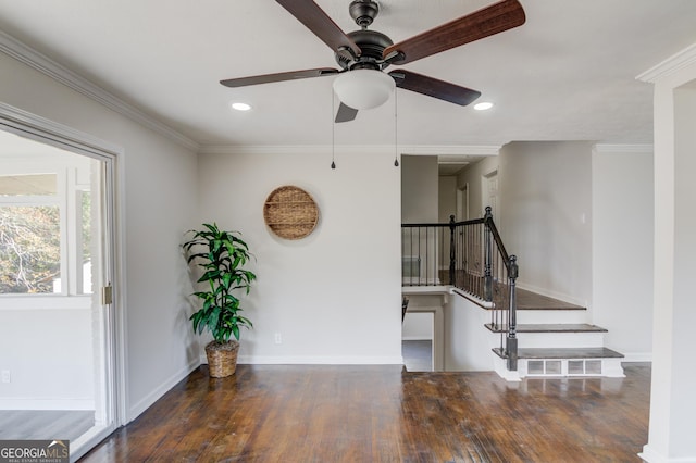 entryway featuring ceiling fan, recessed lighting, baseboards, wood finished floors, and stairway
