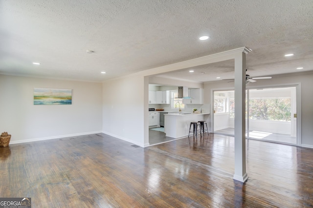 unfurnished living room featuring dark wood-style flooring, baseboards, a sink, and a textured ceiling