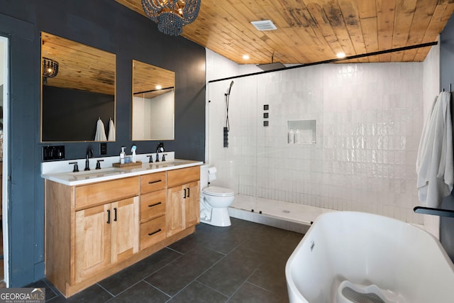 full bath with wood ceiling, tile patterned flooring, a soaking tub, double vanity, and a tile shower