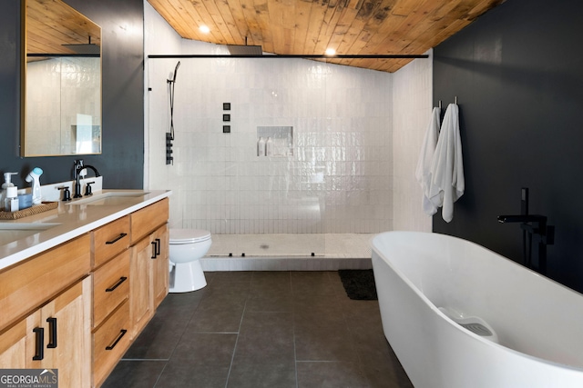 bathroom with double vanity, tile patterned flooring, a freestanding bath, wood ceiling, and tiled shower