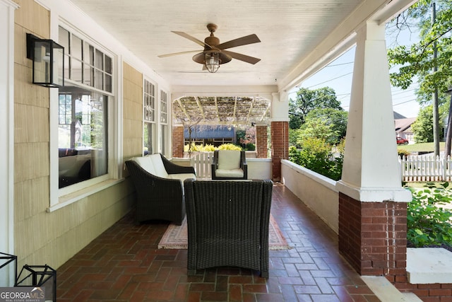 view of patio / terrace featuring covered porch and a ceiling fan
