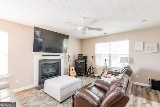 314 Meadows Ln, Canton, GA 30114 - living room with a glass covered fireplace, wood finished floors, a textured ceiling, ceiling fan, and baseboards