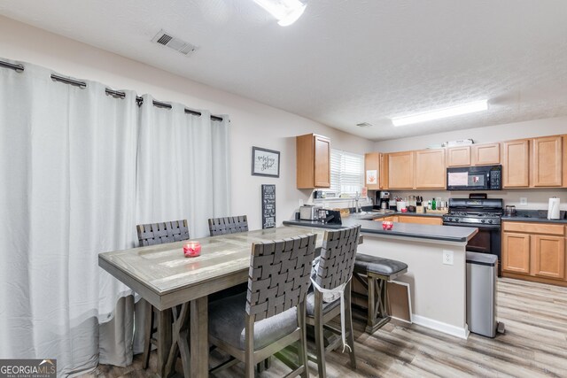 314 Meadows Ln, Canton, GA 30114 - kitchen featuring black microwave, stainless steel range with gas stovetop, light wood-type flooring, light brown cabinets, and a sink