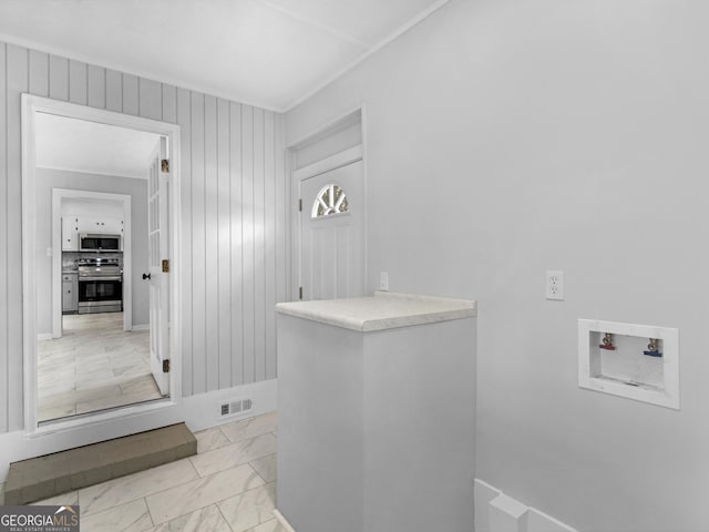 laundry room featuring visible vents, laundry area, hookup for a washing machine, and marble finish floor