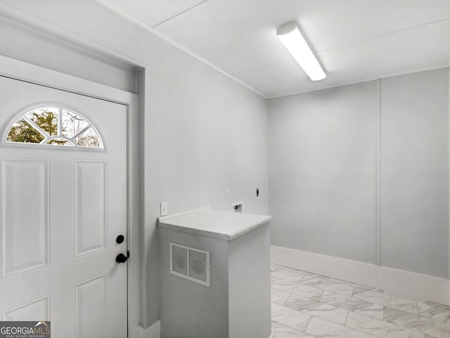 clothes washing area with laundry area, marble finish floor, electric dryer hookup, baseboards, and visible vents