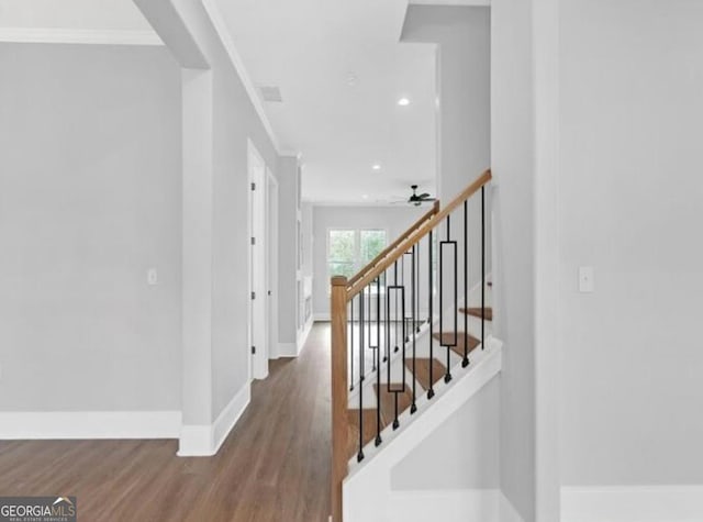 3312 Mill Forest Dr, Conyers, GA 30094 - staircase with crown molding, a ceiling fan, baseboards, and wood finished floors