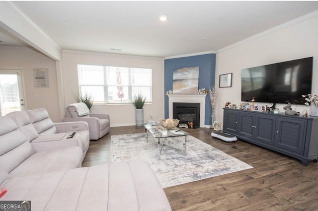 living room with crown molding, a glass covered fireplace, a wealth of natural light, and wood finished floors