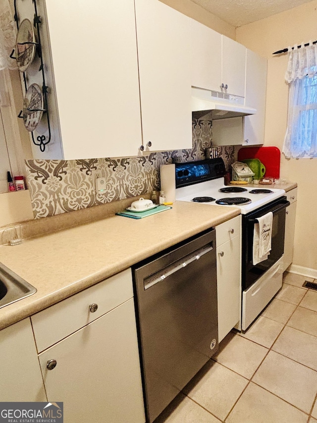 kitchen with white cabinets, light countertops, range with electric cooktop, stainless steel dishwasher, and under cabinet range hood