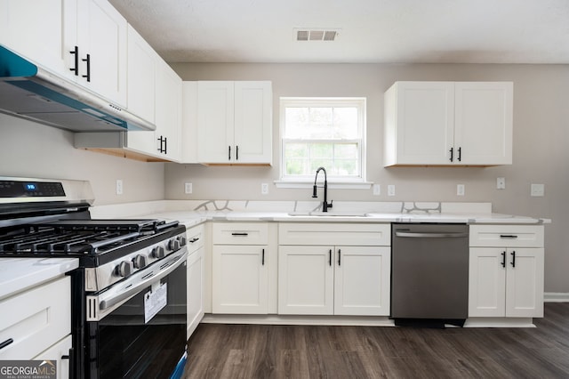3230 Deer Valley Dr NW, Acworth, GA 30101 - kitchen featuring appliances with stainless steel finishes, under cabinet range hood, a sink, dark wood-style floors, and white cabinets