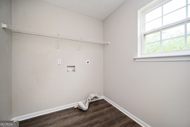 3230 Deer Valley Dr NW, Acworth, GA 30101 - washroom featuring electric dryer hookup, dark wood-style flooring, baseboards, washer hookup, and a textured ceiling