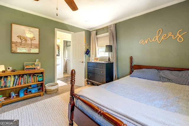 bedroom with carpet flooring, ceiling fan, and ornamental molding