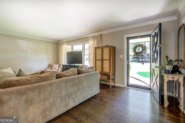 living area featuring baseboards, plenty of natural light, ornamental molding, and dark wood-type flooring