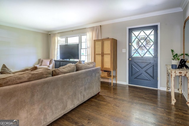 living room featuring plenty of natural light, crown molding, and dark wood-type flooring