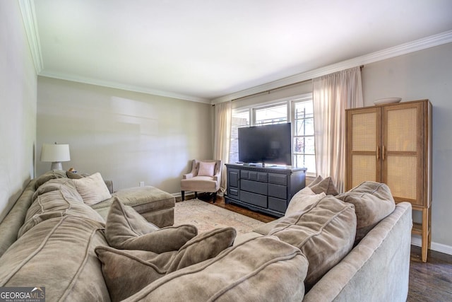 living area with crown molding, dark wood-style flooring, and baseboards