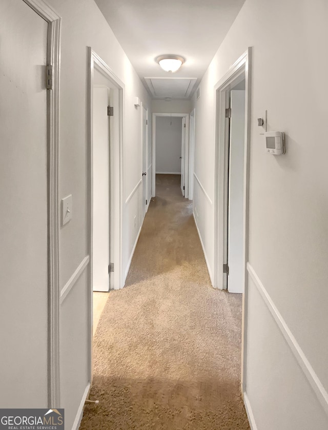 hallway with carpet and attic access