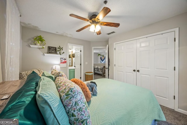 268 Cottonwood Creek Cir, Canton, GA 30114 - bedroom with ceiling fan, carpet floors, ensuite bathroom, visible vents, and a closet