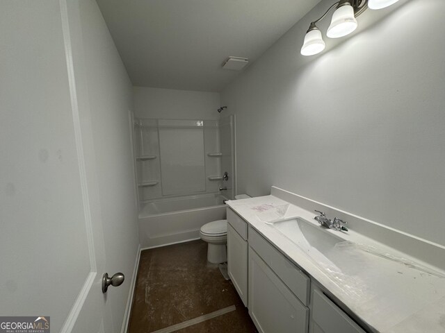 bathroom featuring vanity, toilet,  shower combination, and concrete floors