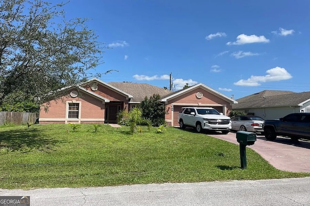 single story home with a front yard, a garage, fence, concrete driveway, and stucco siding