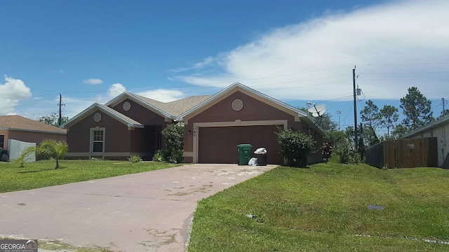 ranch-style home with stucco siding, driveway, a front lawn, and a garage