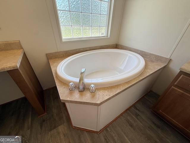 bathroom featuring wood finished floors, a garden tub, and vanity