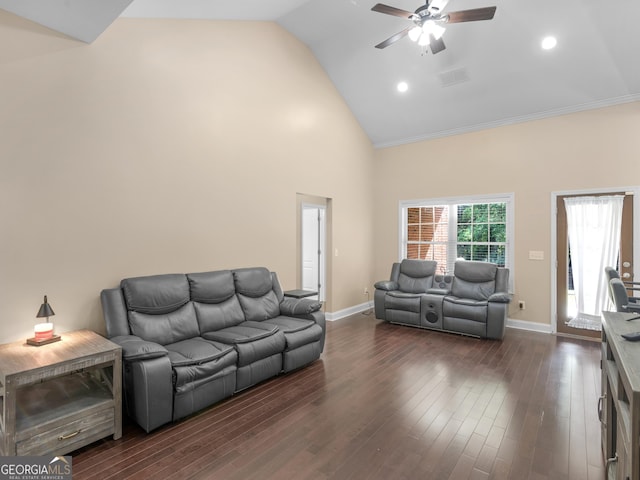 living room featuring high vaulted ceiling, baseboards, a ceiling fan, and dark wood finished floors