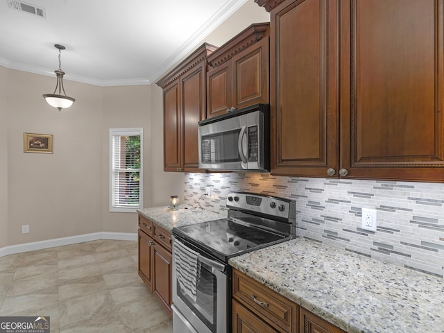 kitchen featuring visible vents, decorative backsplash, baseboards, light stone counters, and stainless steel appliances