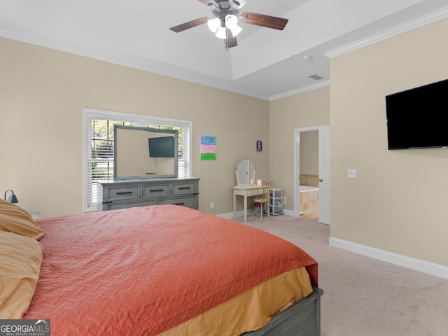 bedroom with a ceiling fan, visible vents, crown molding, carpet floors, and baseboards
