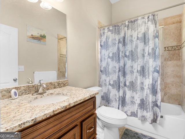 bathroom with toilet, shower / bathtub combination with curtain, and vanity
