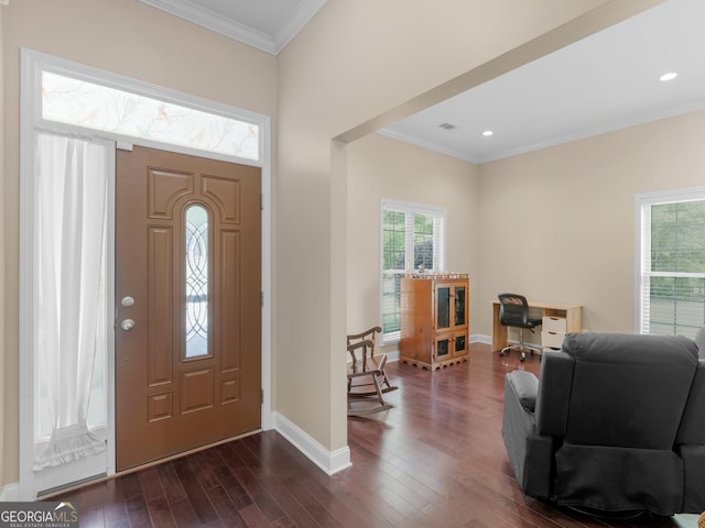 entrance foyer featuring recessed lighting, baseboards, dark wood finished floors, and ornamental molding