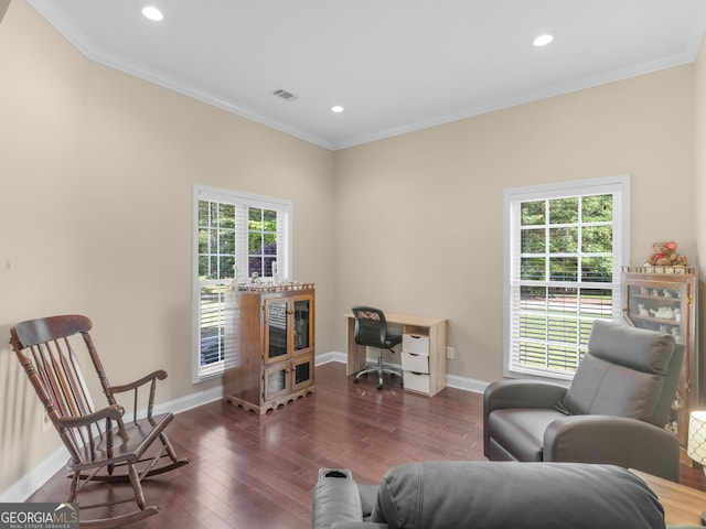 570 Mcgarity Dr, Mcdonough, GA 30252 - living room featuring crown molding, wood-type flooring, plenty of natural light, recessed lighting, and an office area