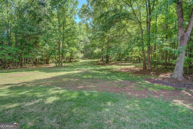 view of green lawn featuring a forest view