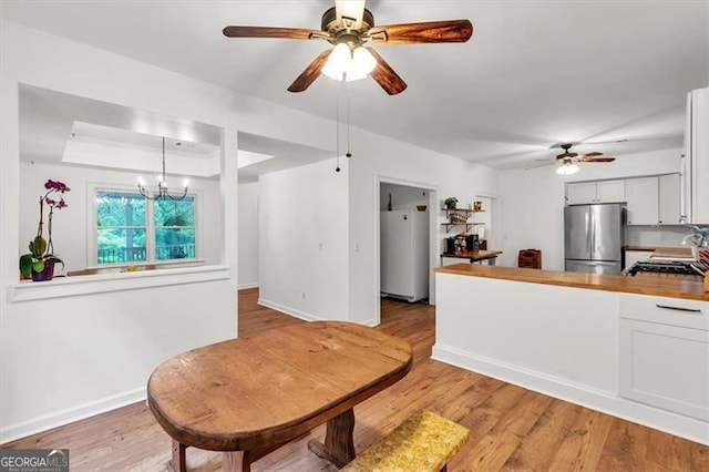143 Navajo Trl, Rydal, GA 30171 - kitchen with freestanding refrigerator, fridge, ceiling fan, light wood-type flooring, and baseboards