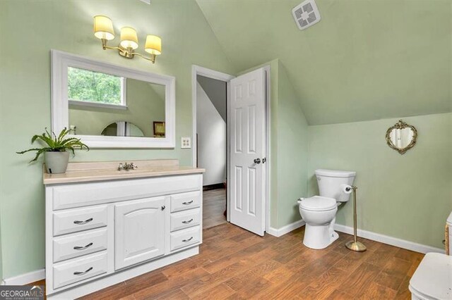 143 Navajo Trl, Rydal, GA 30171 - bathroom featuring vaulted ceiling, vanity, toilet, wood finished floors, and baseboards
