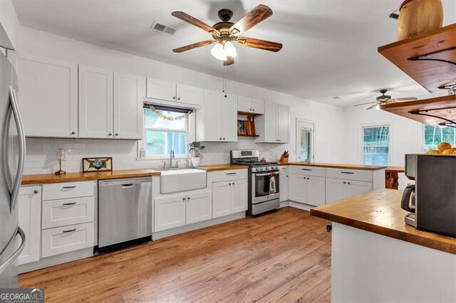 143 Navajo Trl, Rydal, GA 30171 - kitchen featuring appliances with stainless steel finishes, wooden counters, ceiling fan, and a sink